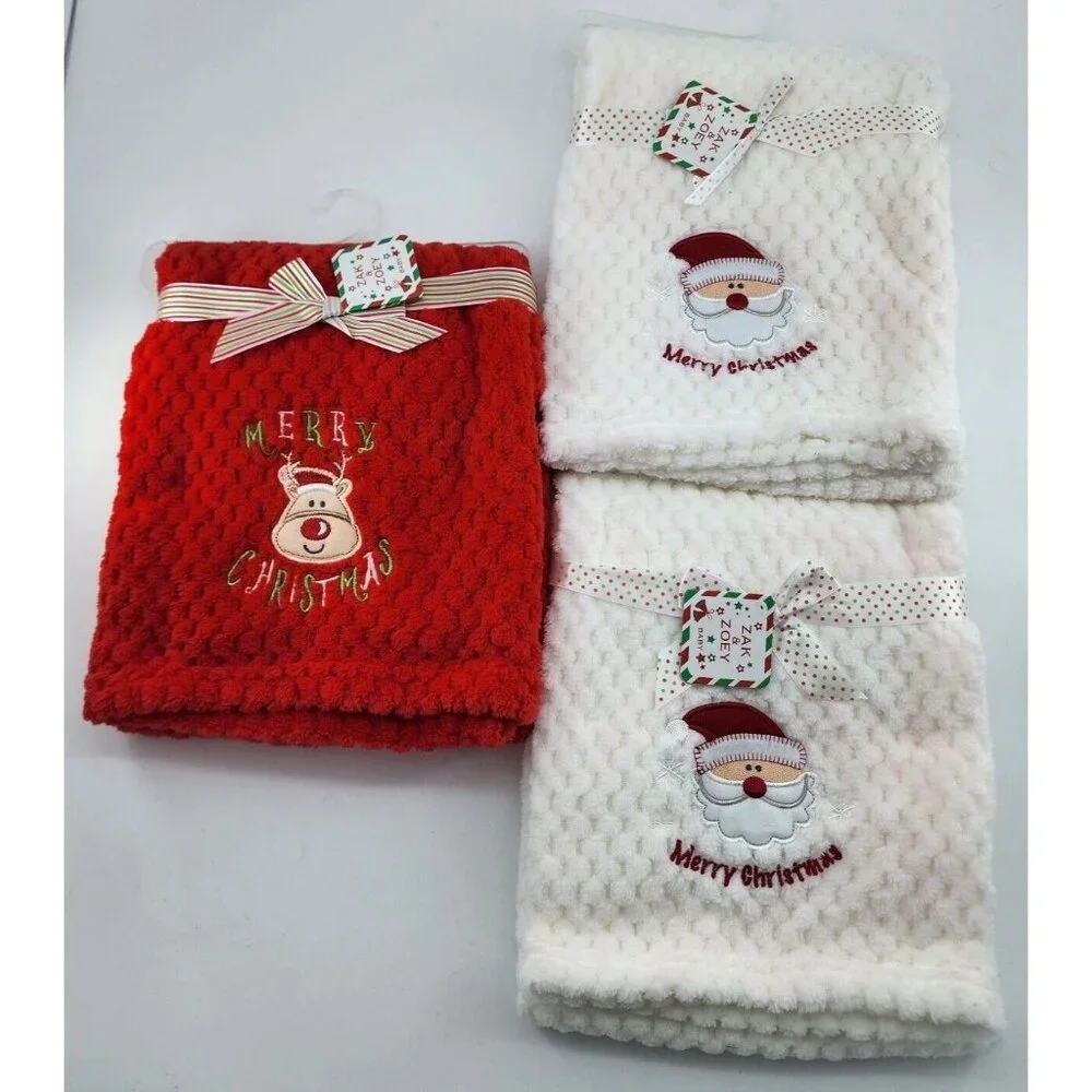 Lot of 3 NEW Zak & Zoey Christmas Baby Blankets Santa‎ Reindeer  30 x 40